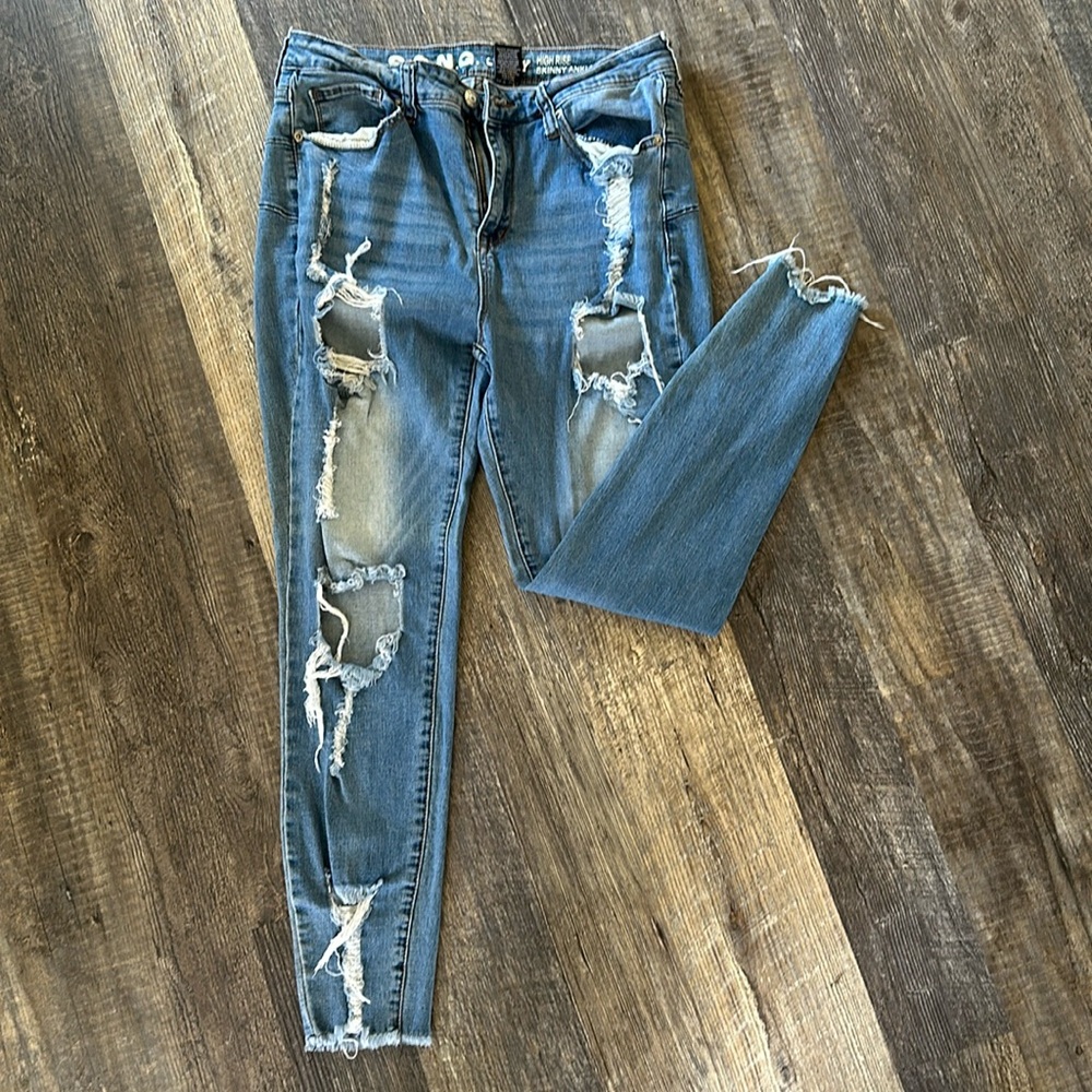 Size 13 Distressed, CURVY high-rise, skinny ankle jeans